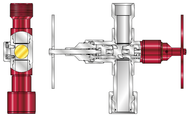 Render of a wireline valve (BOP) with manual and hydraulic ram actuators