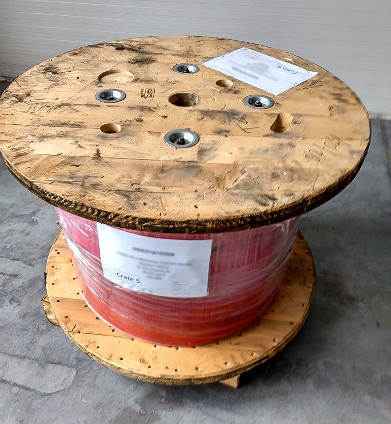 Drum of 3/16" braided wire rope, packed for shipping